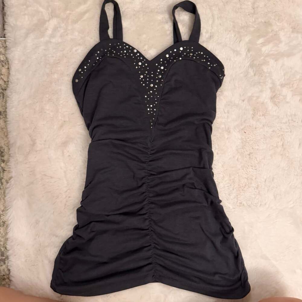 Vintage Y2K Black Rhinestone Ruched Camisole Top